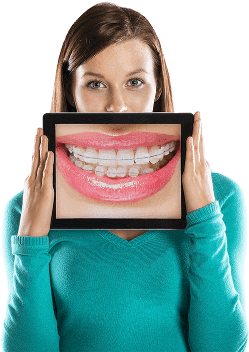 Girl Smiling With Ipad and Showing Orthodontics Dental Braces